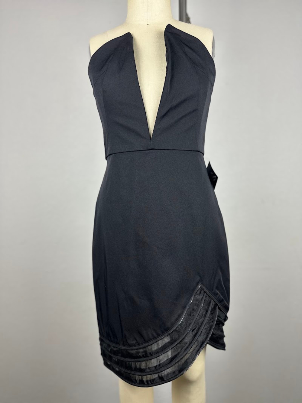 NWT Nasty Gal Black Strapless Deep Plunge V-Neck Zipper Hem Mini Dress XS